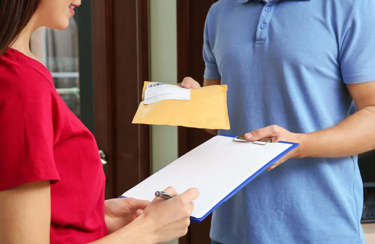 Courier handing over a sealed envelope while a customer signs for the delivery